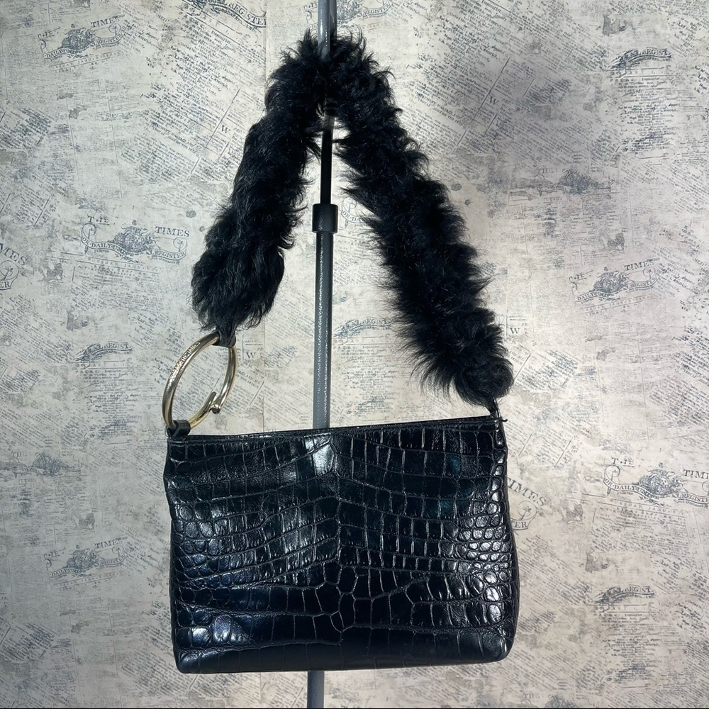 Elizabeth and James Finley Black Croc Embossed Leather Shearling Shoulder Bag